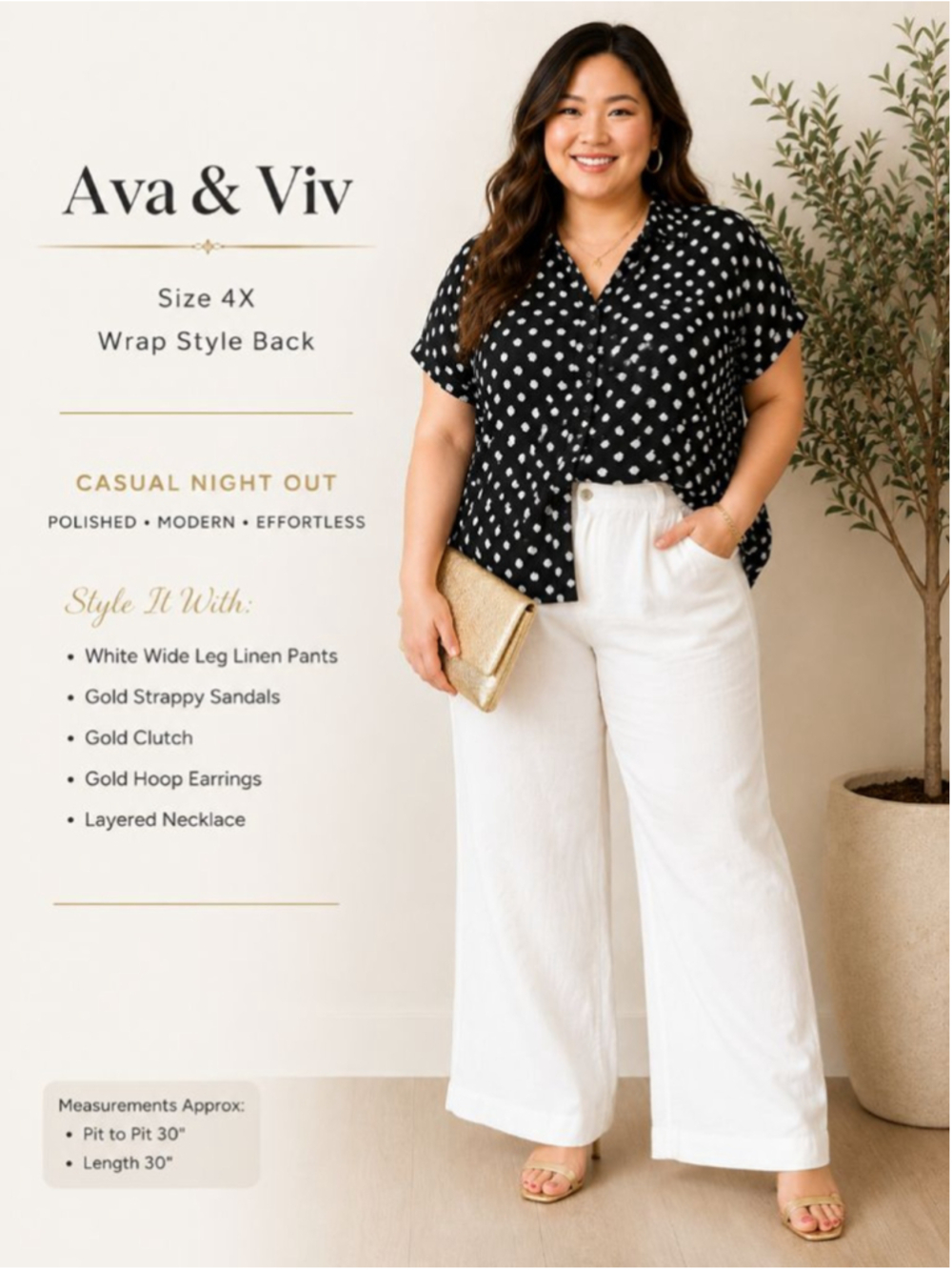 Ava & Viv Black Shell Print Button Front Blouse Top 4X Linen Rayon No-Gap Casual